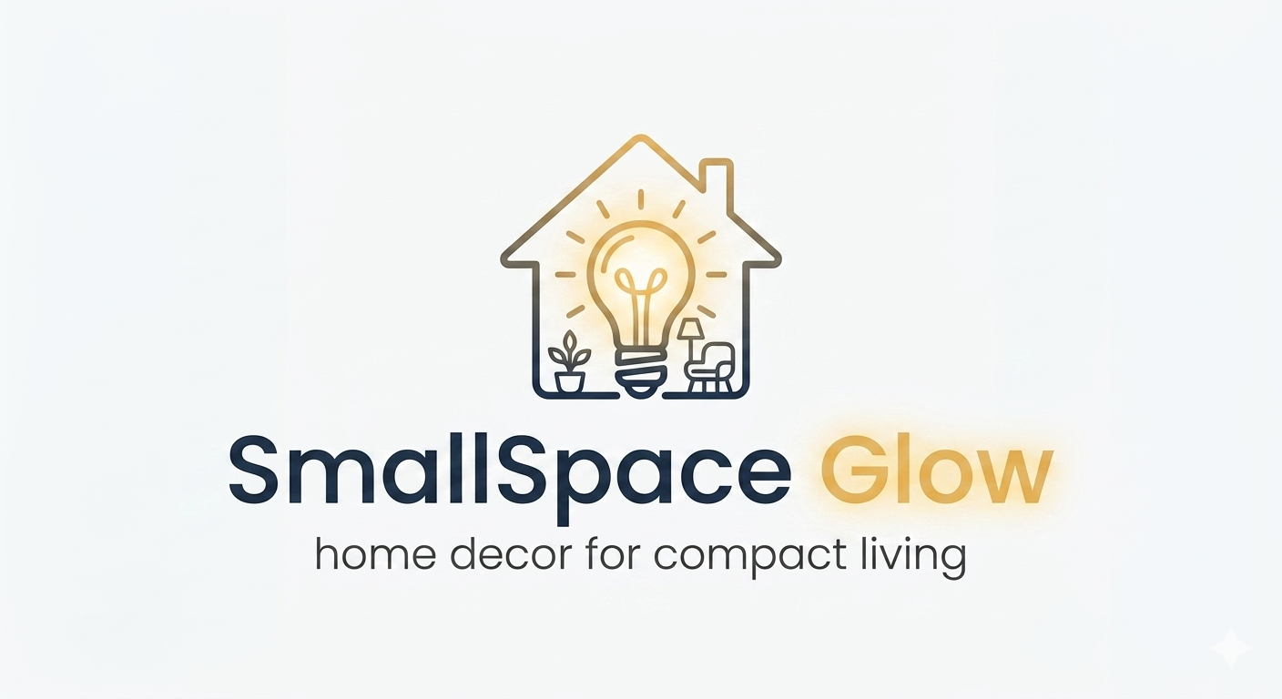 Official logo for SmallSpace Glow featuring a minimalist house silhouette with a glowing lightbulb and furniture icons, specializing in home decor for compact living.