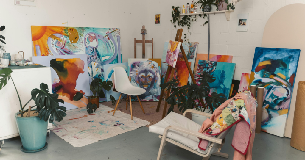 Easy Canvas Art Ideas The sanctuary of color: A vibrant workspace where abstract ideas come to life on canvas.
