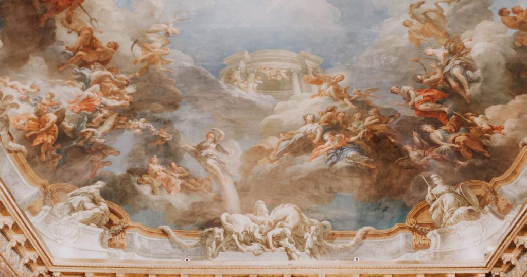 Easy Canvas Art Ideas A grand Baroque-style ceiling fresco depicting a vast, ethereal sky filled with mythological figures, cherubs, and deities lounging on soft, billowing clouds